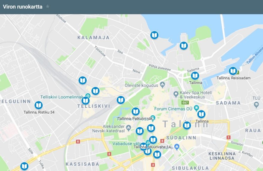 Tallinnan kartta, jossa merkattuna runojen sijainteja