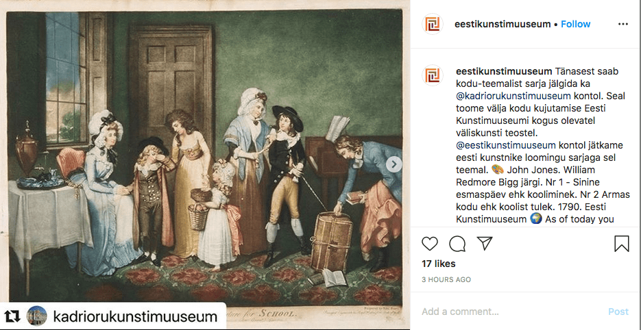 Kuvakaappaus Eestikunstimuuseumin instagram-tililtä. Vasemmalla taulu, jossa ihmisiä kotona 1700-luvulla, oikealla tekstikuvaus.