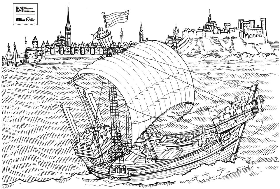 Mustavalkoinen piirros, jossa edustalla vanhanaikanen laiva purjeen kanssa. Taustalla kaupunkimaisema.